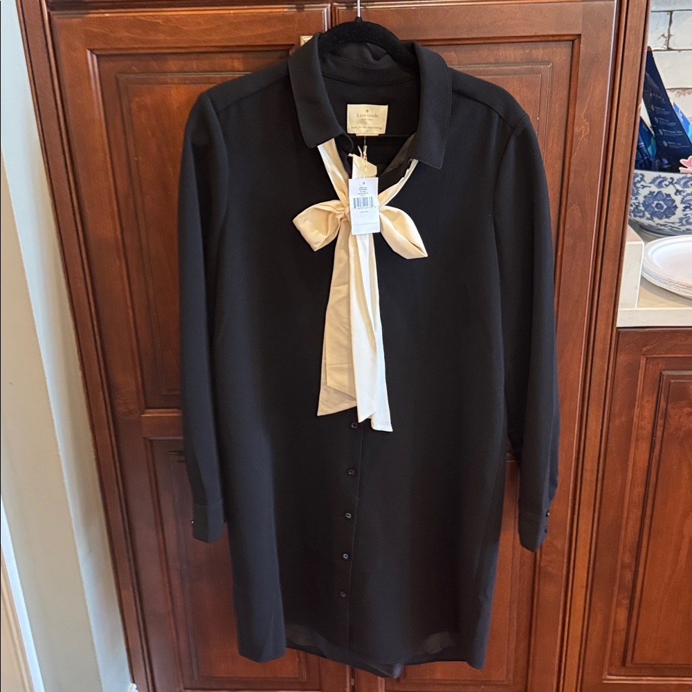 Black Long Sleeve Dress with Cream Bow